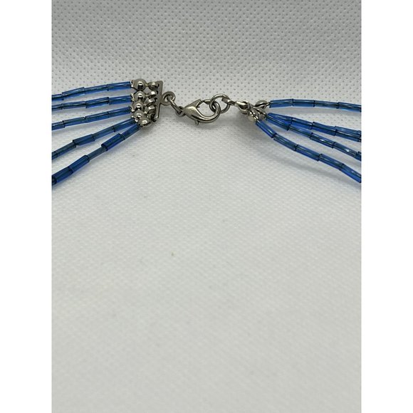 Clear Faceted Crystal & Blue Glass Bugle Beads Multi Layer Silver Tone Necklace‎ - Picture 6 of 10